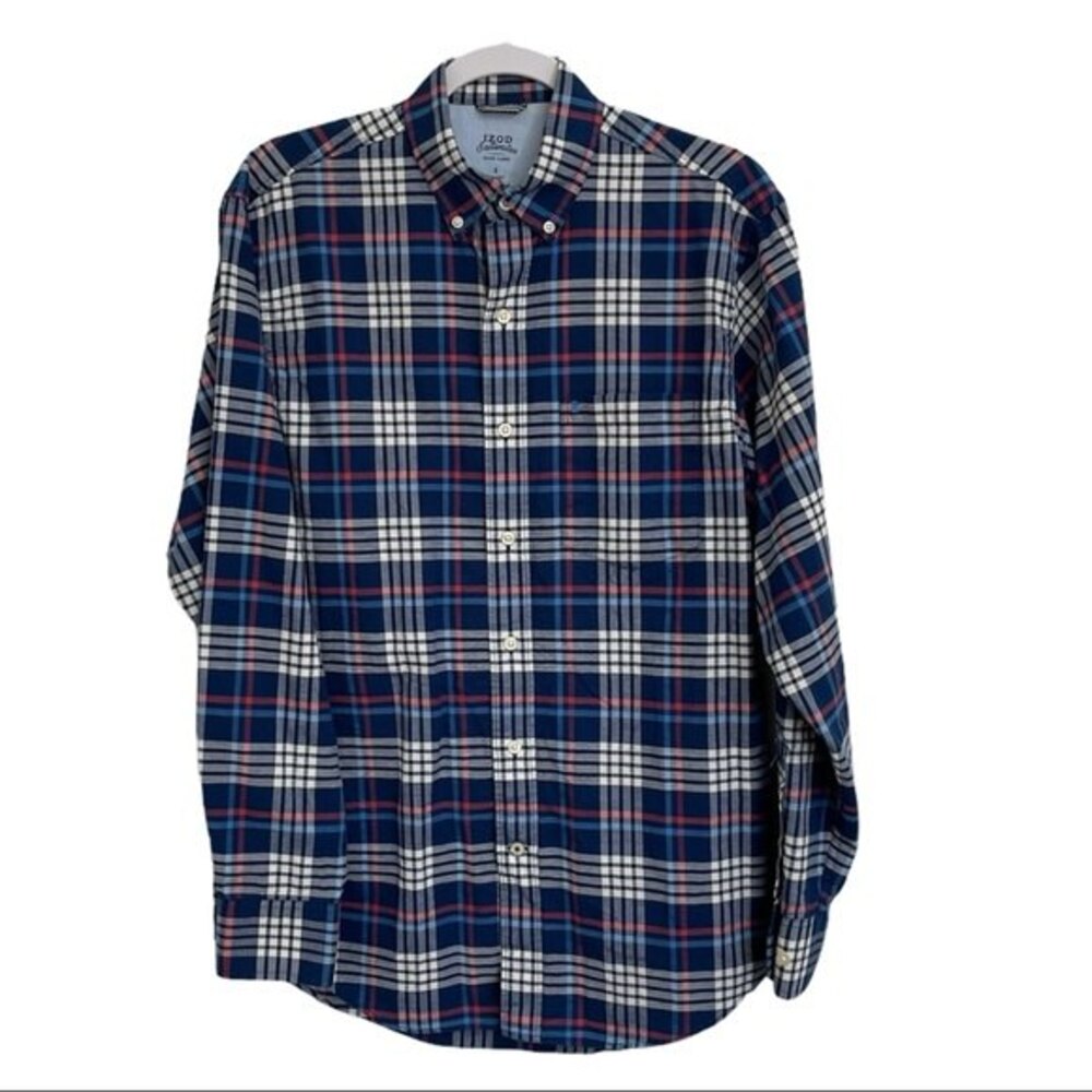 Izod Saltwater Relaxed Classic Blue Plaid Shirt 100% Cotton Button Down Men S